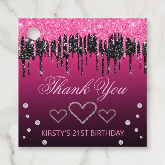 Glamoureus zwart-roze druppelaar Glitter Birthday Bedankjes Labels (Voorkant)