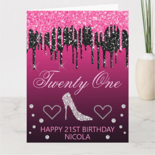 Glamoureus zwart-roze druppelaar Glitter Birthday Kaart
