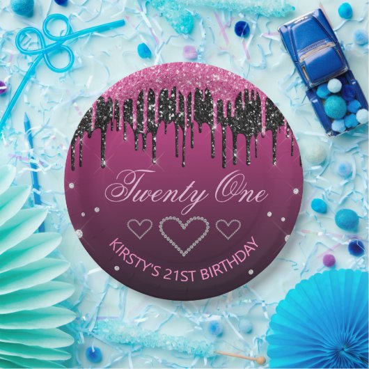 Glamoureus zwart-roze druppelaar Glitter Birthday Papieren Bordje (Feest)