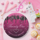 Glamoureus zwart-roze druppelaar Glitter Birthday Papieren Bordje (Feest)
