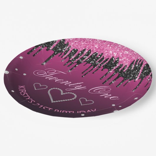 Glamoureus zwart-roze druppelaar Glitter Birthday Papieren Bordje (Gekanteld)