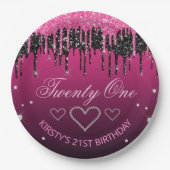 Glamoureus zwart-roze druppelaar Glitter Birthday Papieren Bordje (Voorkant)