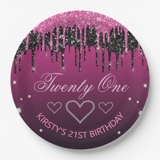 Glamoureus zwart-roze druppelaar Glitter Birthday Papieren Bordje (Voorkant)