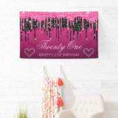 Glamoureus zwart-roze druppelaar Glitter Birthday Spandoek (Insitu)