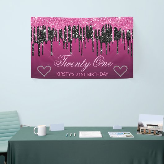 Glamoureus zwart-roze druppelaar Glitter Birthday Spandoek (Beurs)