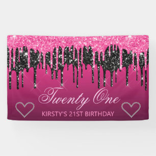 Glamoureus zwart-roze druppelaar Glitter Birthday Spandoek