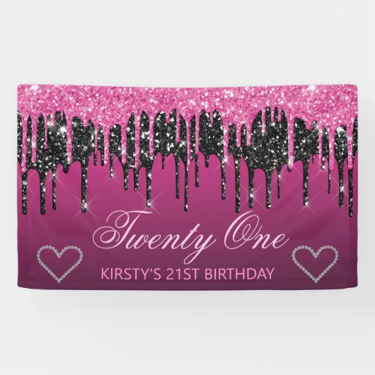 Glamoureus zwart-roze druppelaar Glitter Birthday Spandoek (Horizontaal)