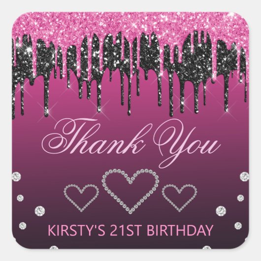 Glamoureus zwart-roze druppelaar Glitter Birthday Vierkante Sticker (Voorkant)