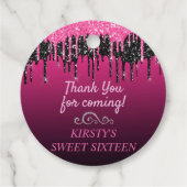 Glamoureus zwart-roze druppelaar Glitter Sweet 16 Bedankjes Labels (Achterkant)