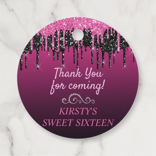 Glamoureus zwart-roze druppelaar Glitter Sweet 16 Bedankjes Labels (Achterkant)