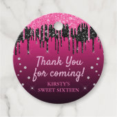 Glamoureus zwart-roze druppelaar Glitter Sweet 16 Bedankjes Labels (Voorkant)