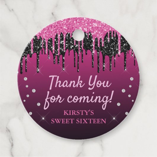 Glamoureus zwart-roze druppelaar Glitter Sweet 16 Bedankjes Labels (Voorkant)