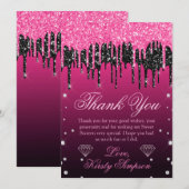 Glamoureus zwart-roze druppelaar Glitter Sweet 16 Bedankkaart (Voorkant / Achterkant)
