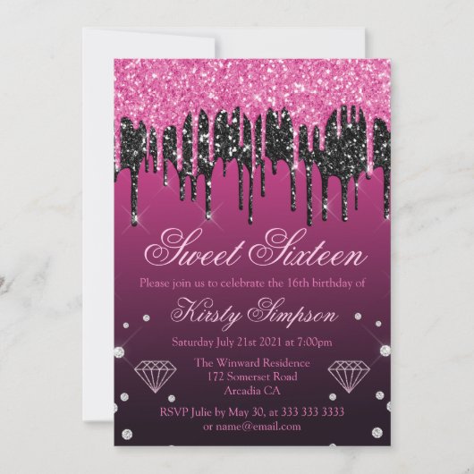 Glamoureus zwart-roze druppelaar Glitter Sweet 16 Kaart (Voorkant)