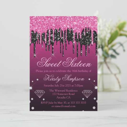 Glamoureus zwart-roze druppelaar Glitter Sweet 16 Kaart (Staand voorkant)