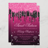 Glamoureus zwart-roze druppelaar Glitter Sweet 16 Kaart (Voorkant / Achterkant)