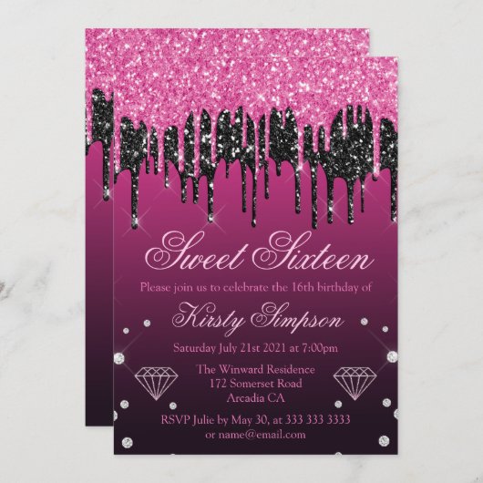 Glamoureus zwart-roze druppelaar Glitter Sweet 16 Kaart (Voorkant / Achterkant)