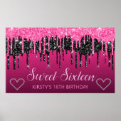 Glamoureus zwart-roze druppelaar Glitter Sweet 16 Poster (Voorkant)