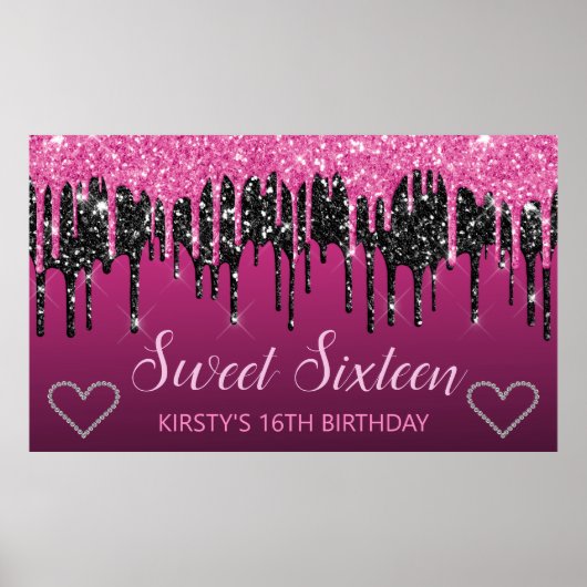 Glamoureus zwart-roze druppelaar Glitter Sweet 16 Poster (Voorkant)