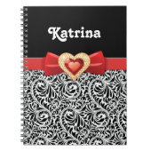 Glamoureus Zwart wit damast & rode strik en juweel Notitieboek (Voorkant)