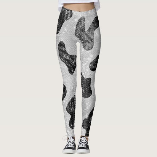 Glamoureus zwarte sparkly Glitter-Koe Afdrukken Leggings (Voorkant)