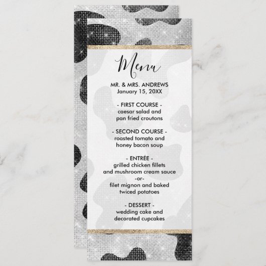 Glamoureus zwarte sparkly Glitter-Koe Afdrukken Menu (Voorkant / Achterkant)