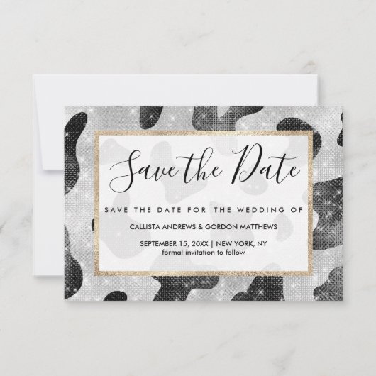 Glamoureus zwarte sparkly Glitter-Koe Afdrukken Save The Date (Voorkant)