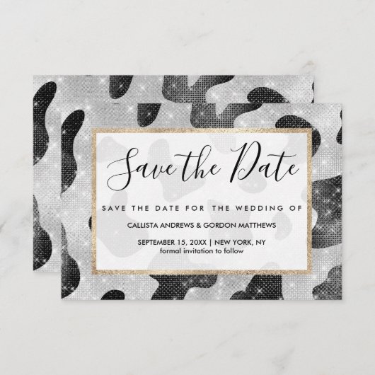 Glamoureus zwarte sparkly Glitter-Koe Afdrukken Save The Date (Voorkant / Achterkant)