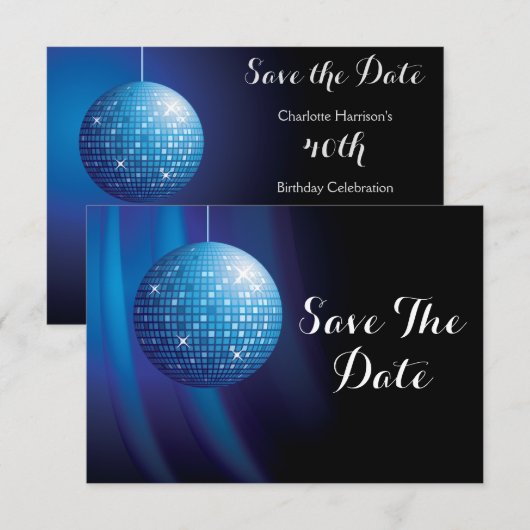 Glamoureuze 40e verjaardag Blue Party Discobal Save The Date (Voorkant / Achterkant)