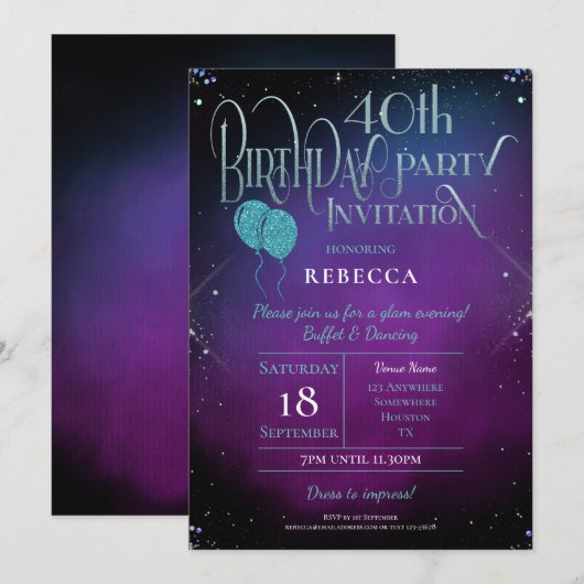 Glamoureuze 40e verjaardag  script Paarse partij Kaart (Voorkant / Achterkant)