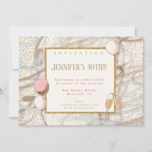 Glamoureuze 40th Party Gouden Confetti Fluiten Bal Kaart (Voorkant)