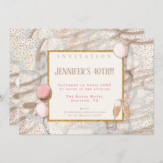 Glamoureuze 40th Party Gouden Confetti Fluiten Bal Kaart (Voorkant / Achterkant)