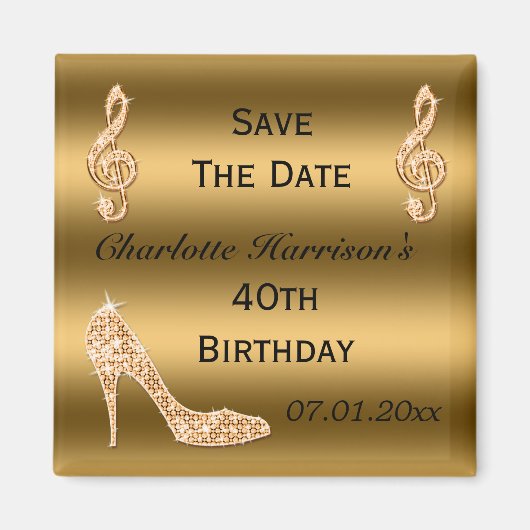 Glamoureuze 40th Save The Date Gold Stiletto Magneet (Voorkant)