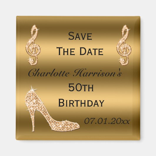 Glamoureuze 50e Save The Date Gold Stiletto Magneet (Voorkant)