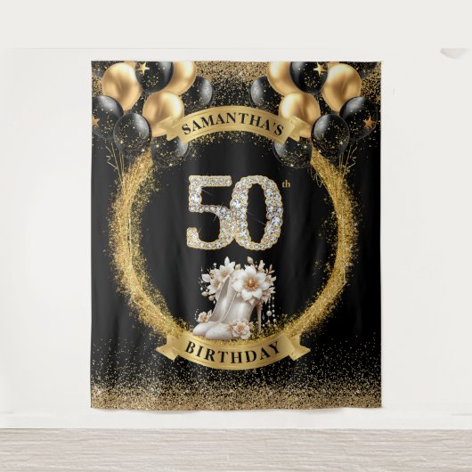 Glamoureuze 50e Verjaardag Banner Diamond Hoge Hak Wandkleed (Voorkant)