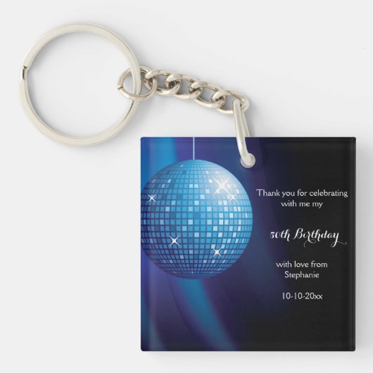 Glamoureuze 50e verjaardag Blue Party Discobal Sleutelhanger (voorkant)