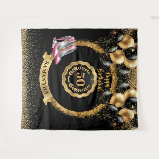 Glamoureuze 50e Verjaardag Roos Gouden Hoge Hakken Wandkleed (Voorkant (horizontaal))