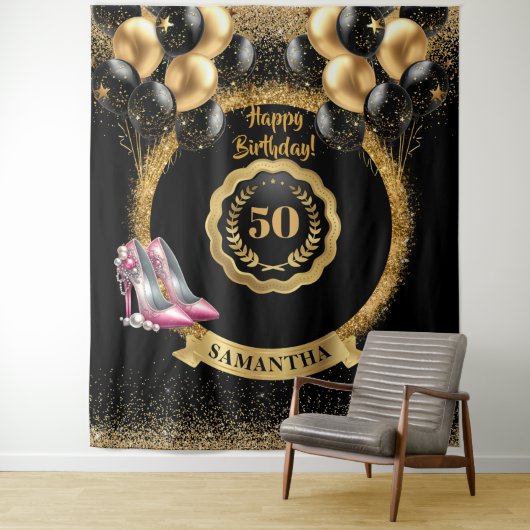 Glamoureuze 50e Verjaardag Roos Gouden Hoge Hakken Wandkleed (In situ)