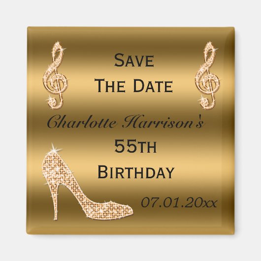 Glamoureuze 55th Save The Date Gold Stiletto Magneet (Voorkant)