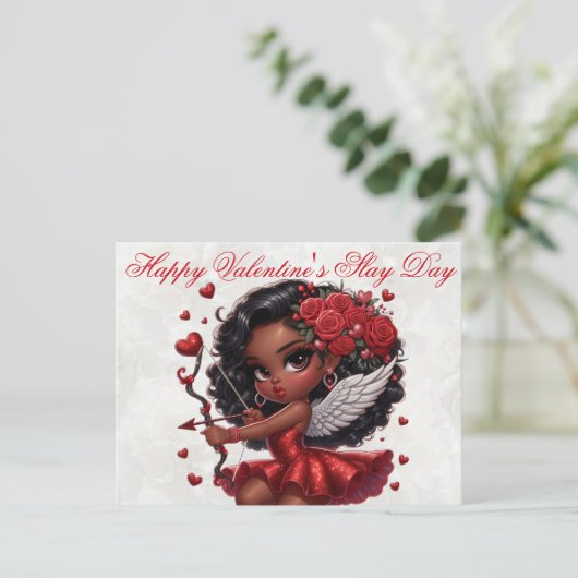 Glamoureuze Afro-Amerikaanse Cupido Valentijnsdag Briefkaart (Staand voorkant)