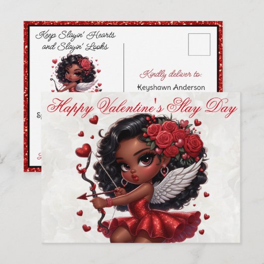 Glamoureuze Afro-Amerikaanse Cupido Valentijnsdag Briefkaart (Voorkant / Achterkant)