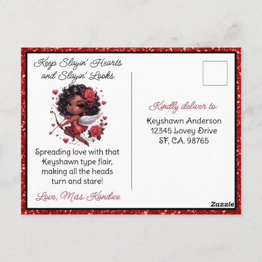 Glamoureuze Afro-Amerikaanse Cupido Valentijnsdag Briefkaart (Achterkant)