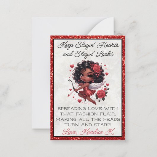 Glamoureuze Afro-Amerikaanse Cupido Valentijnsdag Notitiekaartje (Achterkant)