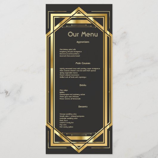 Glamoureuze Art Deco Gold Black DInner Menu (Voorkant)