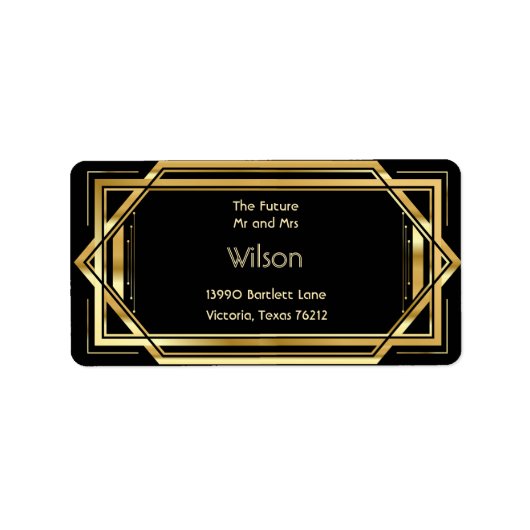 Glamoureuze Art Deco Gouden Zwart Trouwadres Etiket (Voorkant)