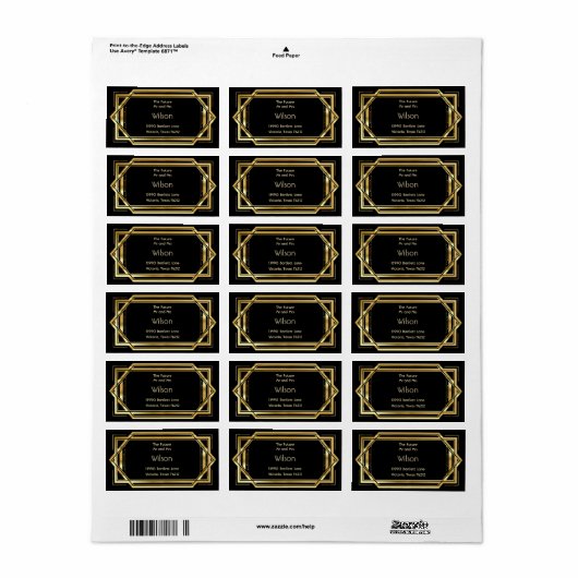 Glamoureuze Art Deco Gouden Zwart Trouwadres Etiket (Full Sheet)