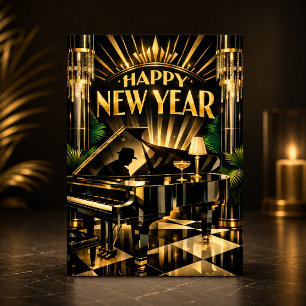 Glamoureuze Art Deco Piano Nieuwjaar Feestdagen Kaart