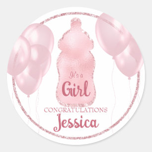 Glamoureuze Baby-fles en ballonnen Roze Glitter Ronde Sticker