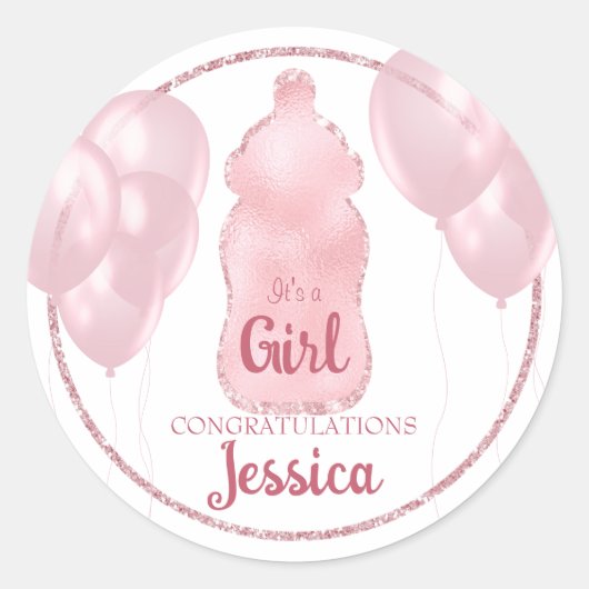 Glamoureuze Baby-fles en ballonnen Roze Glitter Ronde Sticker (Voorkant)