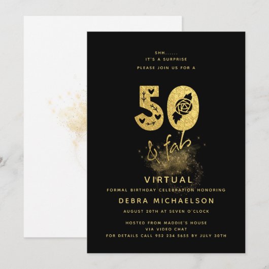 Glamoureuze Black & Gold 50 & Fab Virtual Birthday Kaart (Voorkant / Achterkant)